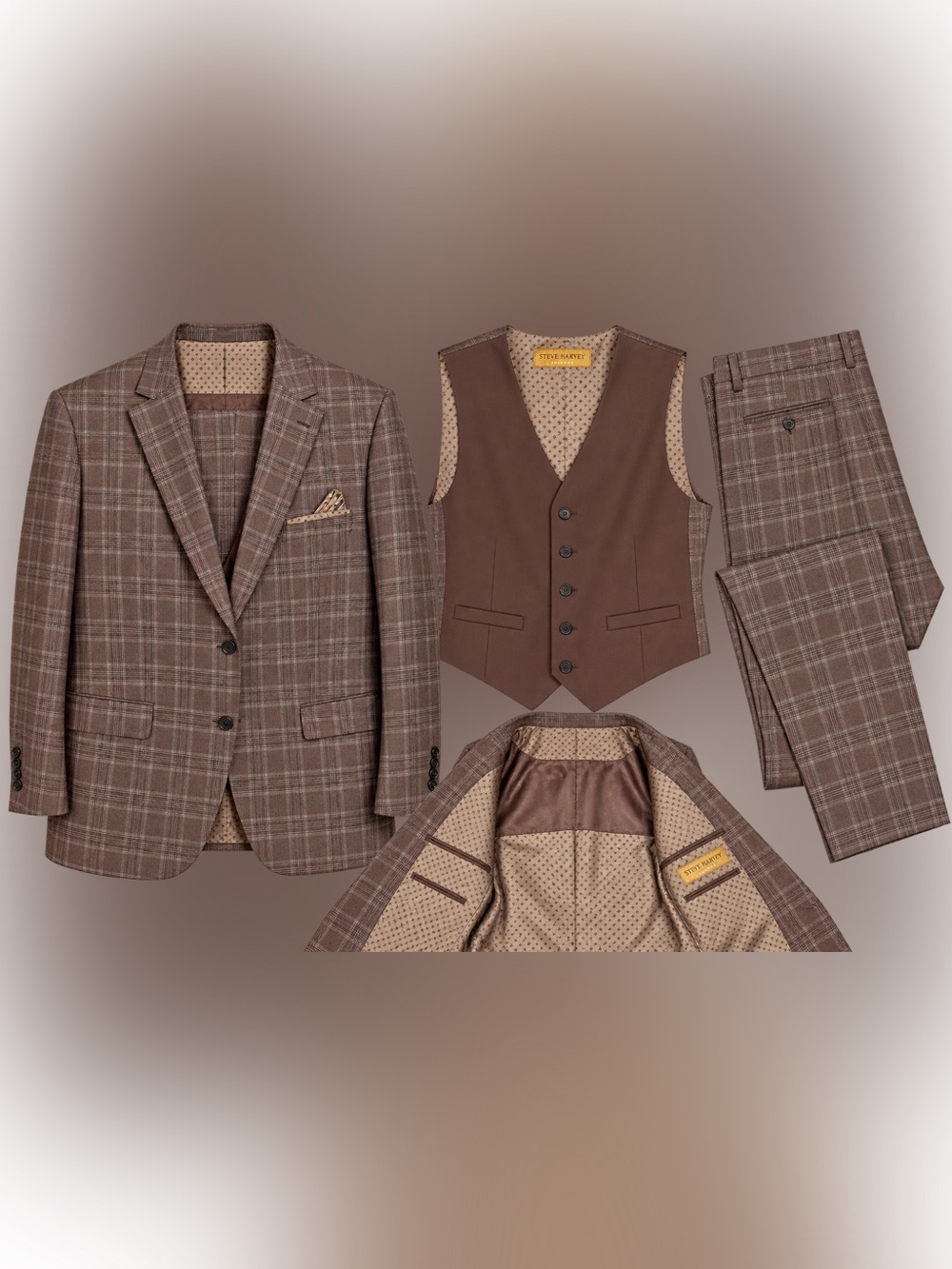 Steve Harvey Reserve 3 Piece Suit 52R 47W 31L Brown Plaid Vest Pants w/ Shirt